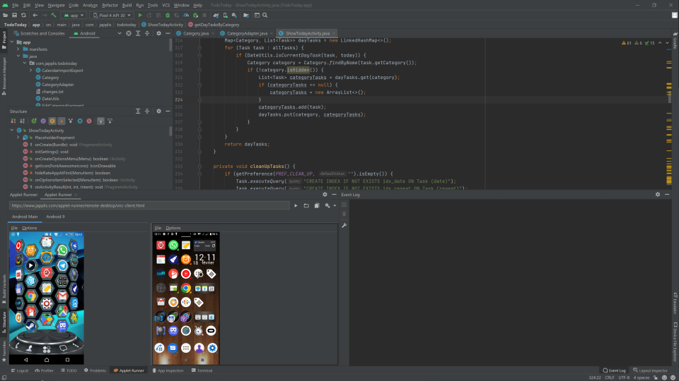 Japplis Applet Runner Pro in Android Studio running multiple instances of VNC to Android devices