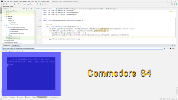 Commodore 64 running in Applet Runner plug-in in JetBrains IntelliJ IDEA