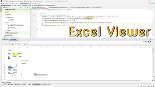 Excel Viewer running in IntelliJ IDEA with the Applet Runner free plugin