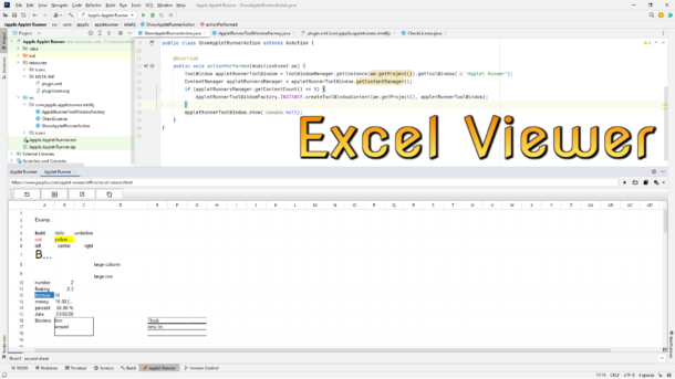 Excel Viewer running in IntelliJ IDEA with the Applet Runner free plugin